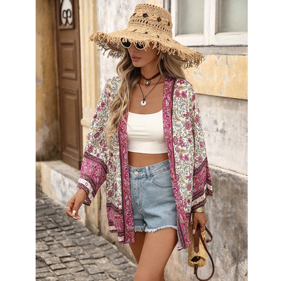 Floral Boho Kimono Style Open Coverup Batwing Sleeve - Picture 7 of 14